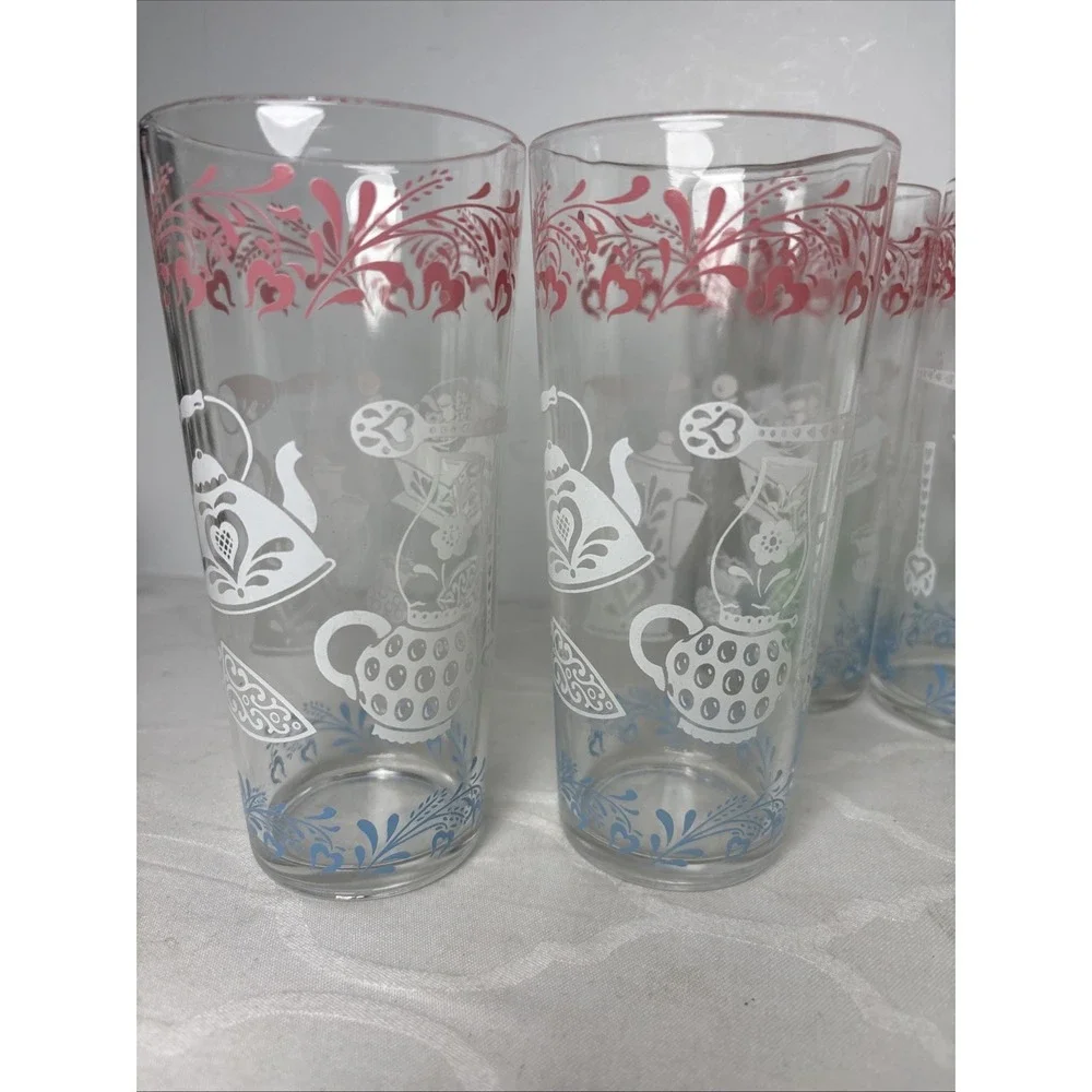 Vintage Hazel Atlas Kitchen Aids 16oz Glass Tumbler - Set of 4 Pink White Blue